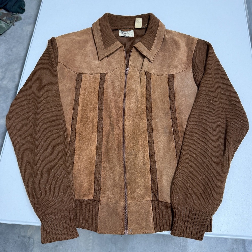 70s Vintage silton california Suede Knit Jacket Mens XL Brown Zip Up Cable Kniy
